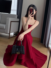 Retro red suspender dress slim waist square neck dress long skirt R1537
