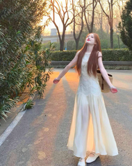 Atmosphere wear white lace sleeveless vest dress beautiful temperament waist A-line long skirt R0421