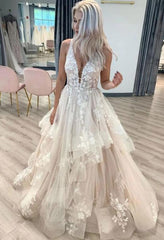 Elegant v neck open back lace long prom dress, wedding dress    S1591