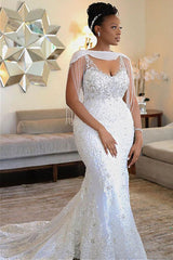 Mermaid Spaghetti Strap Short Train Chiffon Beaded Wedding Dress