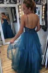 Long Prom Dresses A Line Blue Tulle Lace Appliques Formal Evening Dresses      S4052