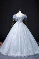 Blue Tulle Beads Long Prom Dress, Elegant A-Line Evening Party Dress       S7313