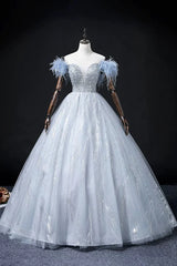 Blue Tulle Beads Long Prom Dress, Elegant A-Line Evening Party Dress       S7313